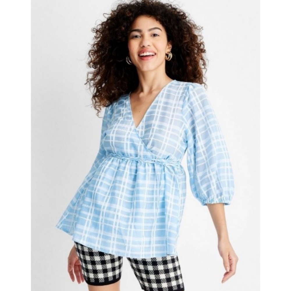 Future Collective Gingham Check 3/4 sleeve Wrap top Blue Size XS